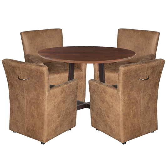 Brown round table with four matching chairs on a white background