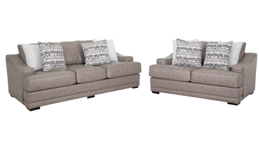 Beige sofa set with patterned cushions on a white background