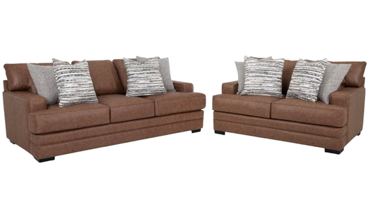 Brown sofa set with patterned cushions on a white background