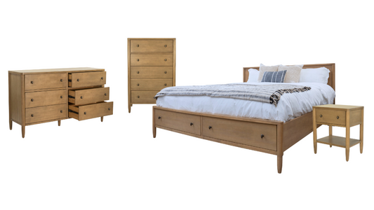 Wooden bedroom furniture set with bed, dresser, and nightstand on a white background