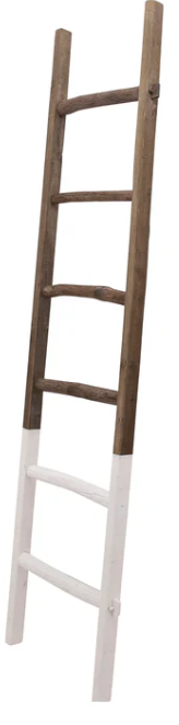 Wooden ladder with a white bottom step on a white background