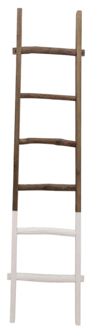 Wooden ladder with a white bottom step on a white background