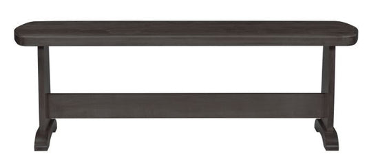 A gray wooden trestle bench designed for seating, viewed from a side angle that highlights its backless design and solid wooden construction.