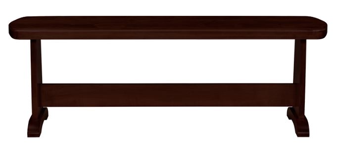 A brown wooden trestle bench designed for seating, viewed from a side angle that highlights its backless design and solid wooden construction.