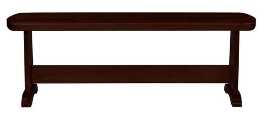 A brown wooden trestle bench designed for seating, viewed from a side angle that highlights its backless design and solid wooden construction.