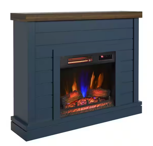 Blue electric fireplace with wooden mantel on a white background