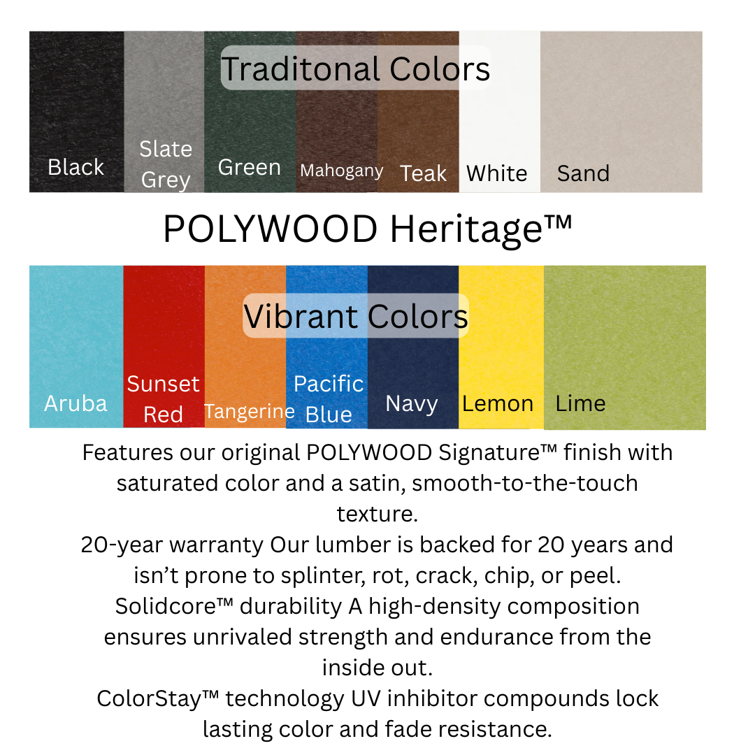 Color swatches for Polywood Heritage and Vibrant Colors with text about product features.
