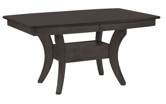 A gray Covina dining table with a solid wood boat shape tabletop and arched table base, featuring two aproned leaves on one side.