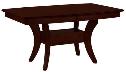 A brown Covina dining table with a solid wood boat shape tabletop and arched table base, featuring two aproned leaves on one side.
