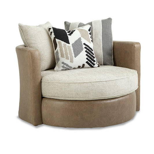 A swivel accent chair with beige and brown faux leather upholstery, accompanied by several throw pillows with various patterns.