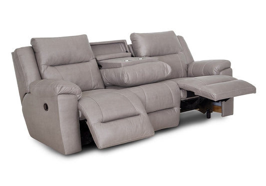 Gray reclining sofa with cup holders on a white background