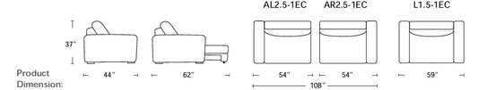 Illustrations of different product dimensions with labels and measurements.