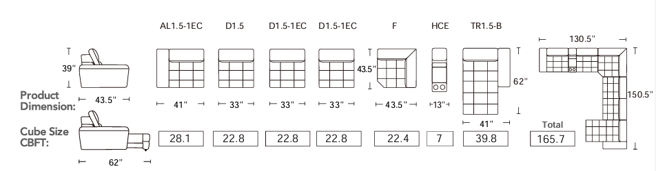 sectional pieces with their dimensions