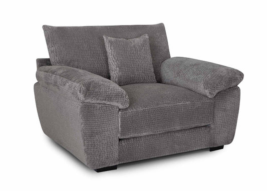 A gray upholstered shimmer chair with pillow top arms and a plush backrest.