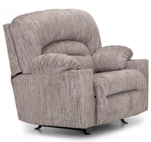 An oversized beige power recliner with a cupholder and a wireless slot charger with a USB charging port.