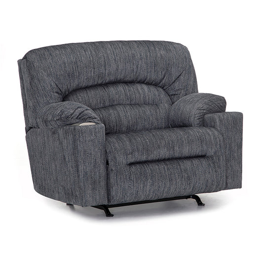 An oversized gray power recliner with a cupholder and a wireless slot charger with a USB charging port.