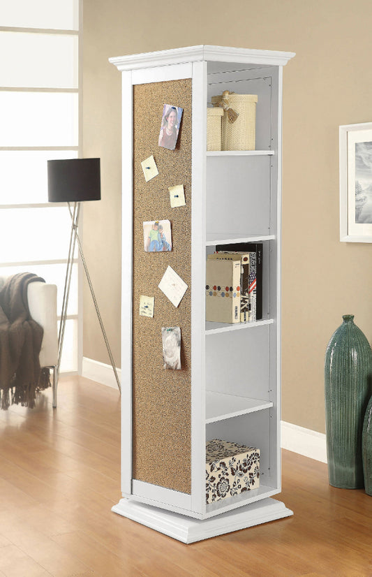 White storage tower with cork board and shelves in a room setting