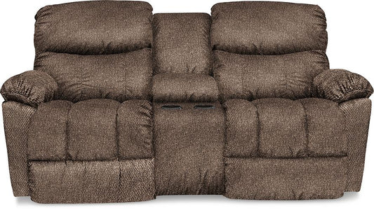A brown Morrison Reclining Loveseat with tufted back, arms, and chaise seats, featuring a sleek design with topstitching on the arms and back.