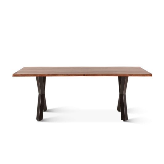 Wooden table with black metal legs on a white background