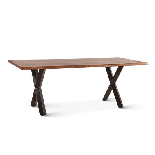 Wooden table with X-shaped metal legs on a white background
