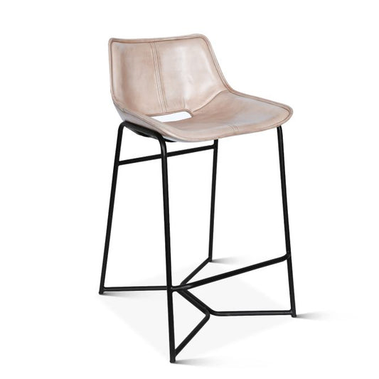 Bar stool with beige seat and black metal frame on a white background