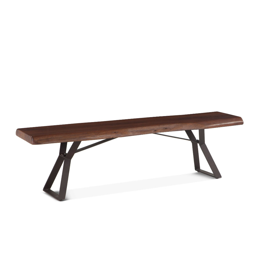 A hand-crafted bench with a live edge on a thick Acacia slab on top and sleek, hand-forged iron bases.