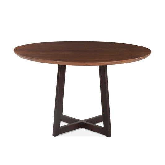 Round wooden table with dark brown finish on a white background