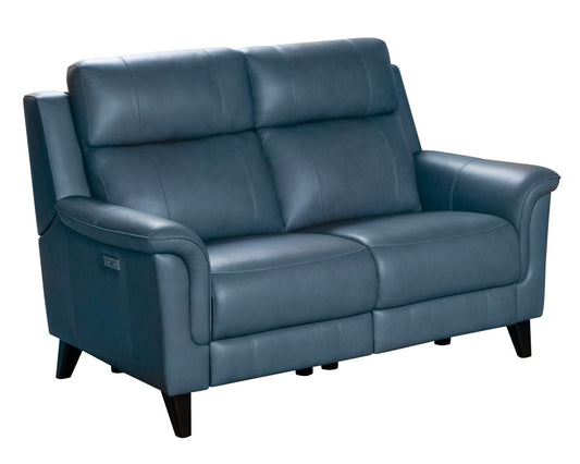 Blue leather power loveseat on a white background