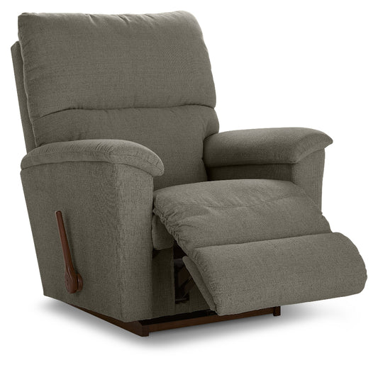 Gray recliner chair with wooden armrests on a white background