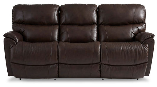A brown leather reclining sofa with three seats, dual reclining end seats, and a middle cushion that is not reclining. It features padded armrests and a chaise seat.