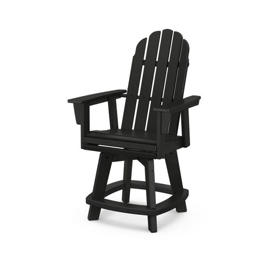 A black Adirondack-style counter and swivel chair with arms designed for outdoor use.