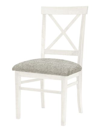 A white Abbey side chair with a fabric seat and an X-back design.