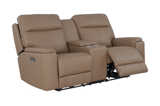 Bryant Power Console Loveseat in Tuscan Tan leather by Leather Italia