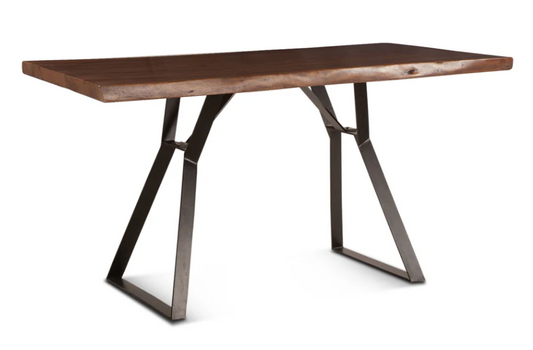 Wooden table with metal legs on a white background