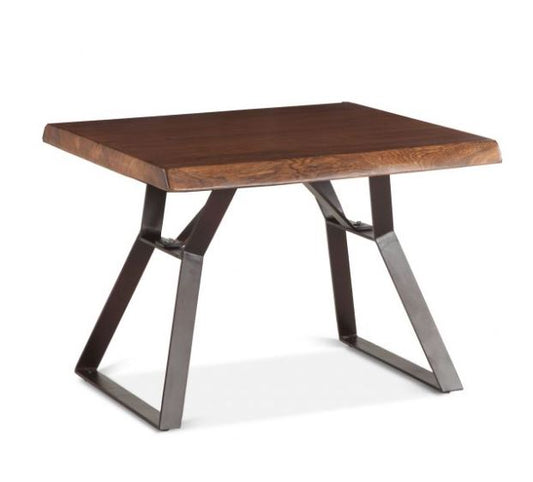 A rectangular side table with a brown acacia wood top and black iron legs with a live edge detail on the tabletop.