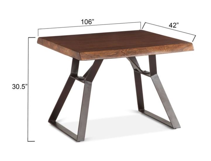 A rectangular side table with a brown acacia wood top and black iron legs with a live edge detail on the tabletop. with dimensions