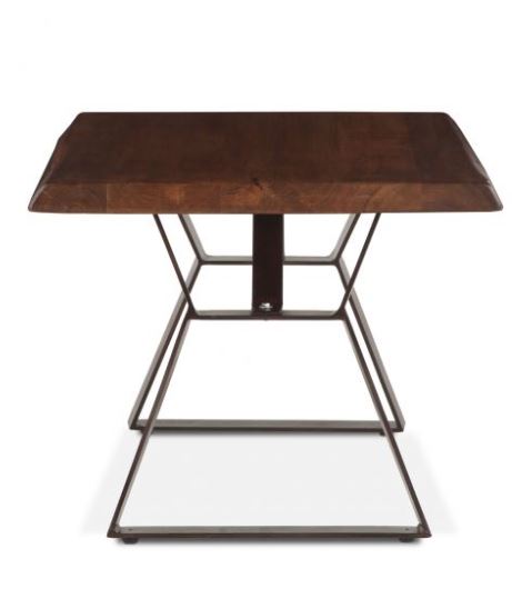 A rectangular side table with a brown acacia wood top and black iron legs with a live edge detail on the tabletop.