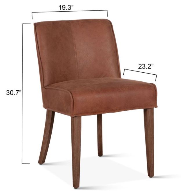 Brown upholstered chair with dimensions labeled on a white background