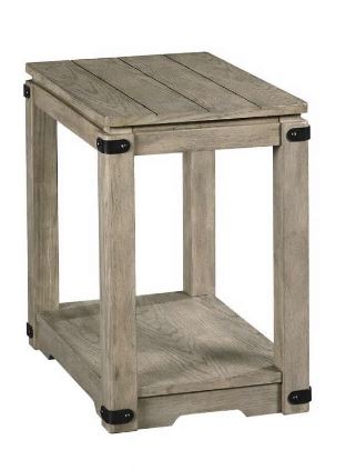 A rectangular gray Marin Chairside Table with iron accents, featuring a lower shelf and black iron legs.