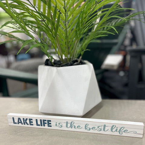 White planter with green plant on a concrete surface, with 'Lake Life is the best life' sign in front.