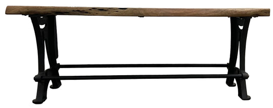 Wooden bench with metal legs on a white background