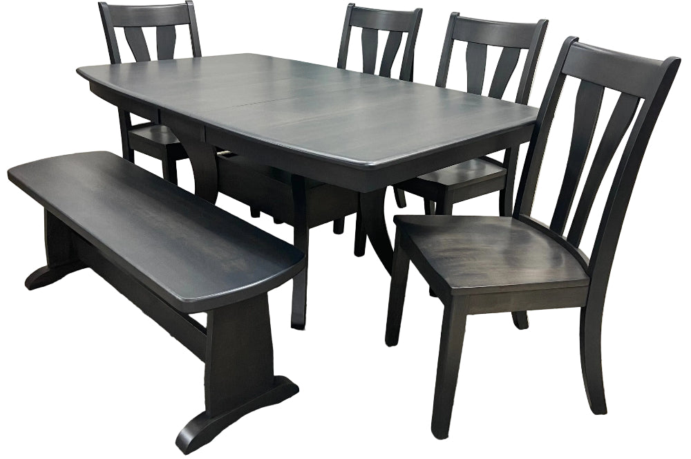 A Covina dining set with a wood finish including a rectangular dining table with two leaves, a trestle bench, and four side chairs