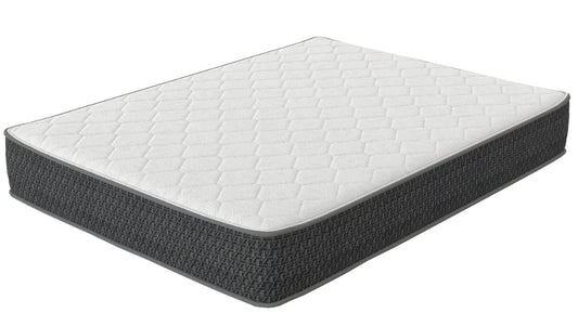 A black and white mattress with a patterned gray border, designed for firm support.