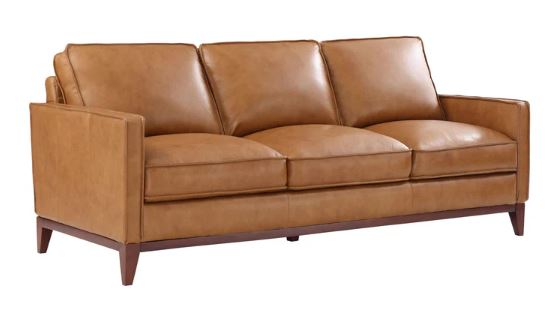 A brown leather Newport sofa with three seat cushions and two backrest cushions, featuring wooden legs.