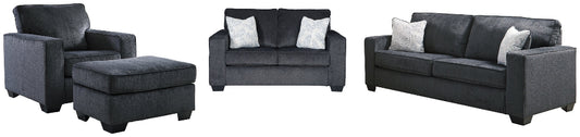 Gray sofa set with a couch, a loveseat, chair, and an ottoman on a white background