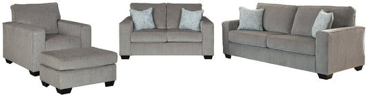 Gray sofa set with a sofa, loveseat, chair, and an ottoman on a white background