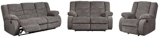 gray reclining sofa, loveseat, and recliner