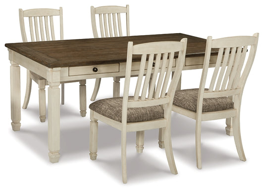 Dining table set with four chairs on a white background