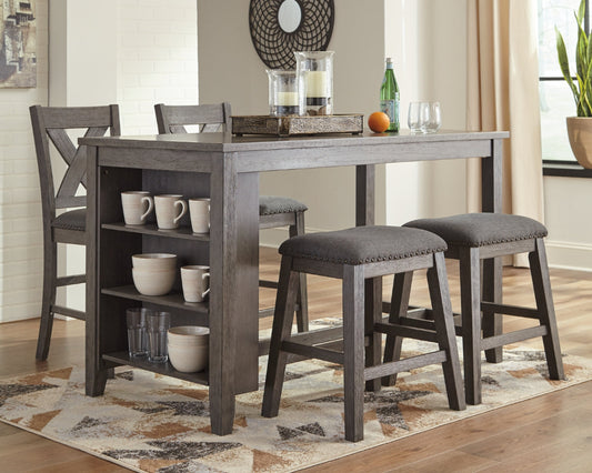 Dining room set with a table, chairs, and bar stools in a home setting.