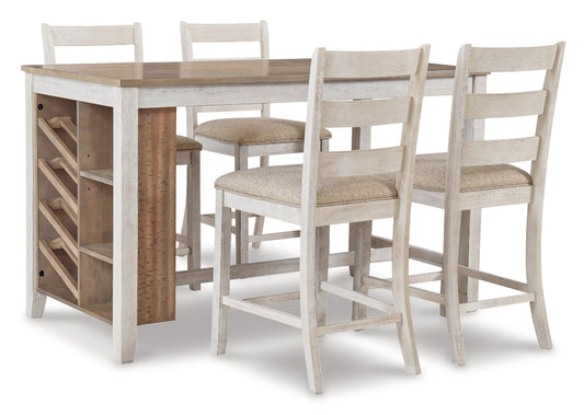 Wooden dining table with four matching chairs on a white background